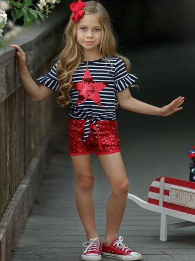 4th of July Outfits | Knot Top and Sequin Shorts Set - Mia Belle Girls