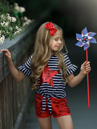4th of July Outfits | Knot Top and Sequin Shorts Set - Mia Belle Girls