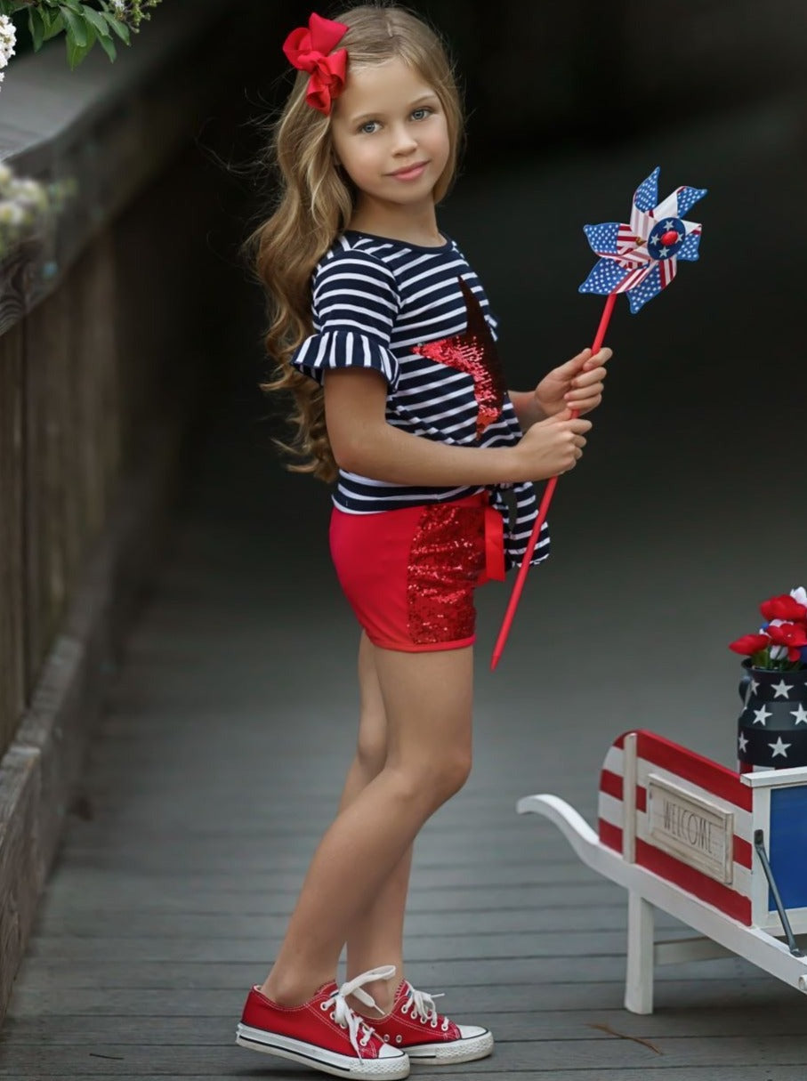 4th of July Outfits | Knot Top and Sequin Shorts Set - Mia Belle Girls