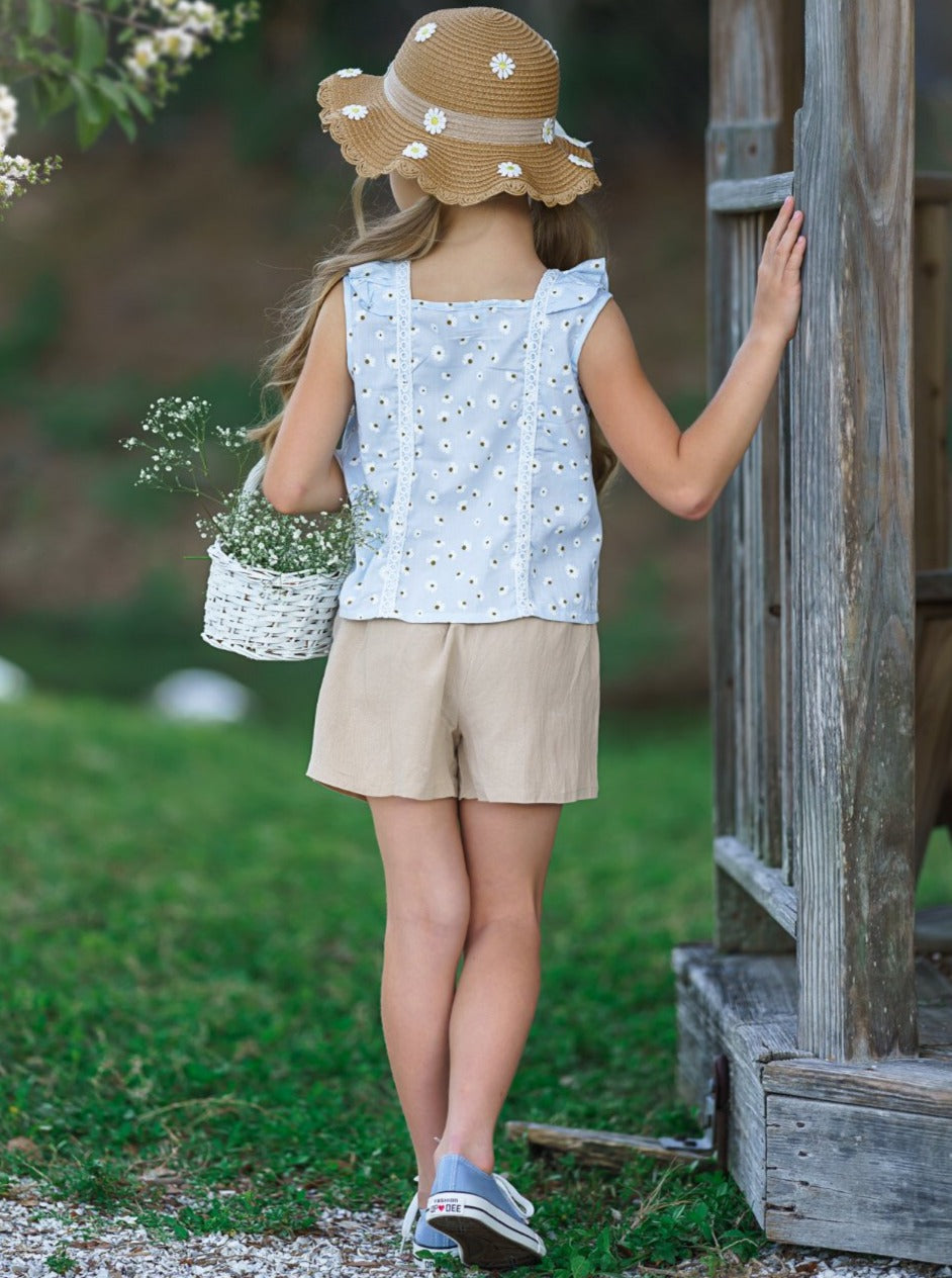 Girls Cute Spring Outfits | Eyelet Ruffle Top & Paperbag Shorts Set