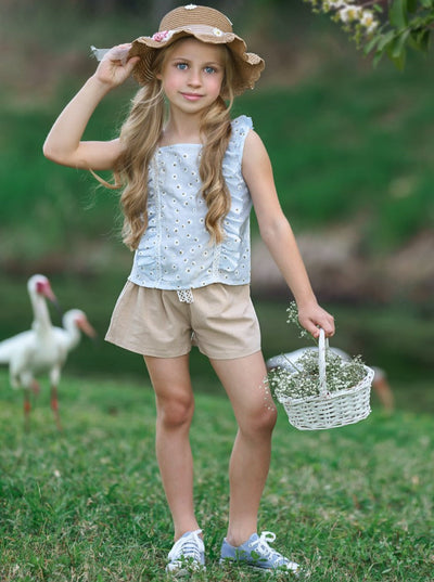 Girls Cute Spring Outfits | Eyelet Ruffle Top & Paperbag Shorts Set