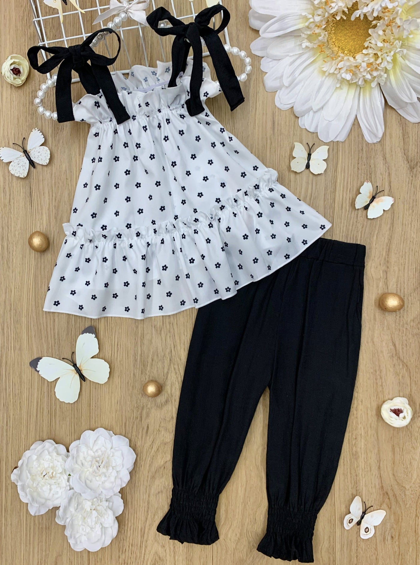 Spring Toddler Outfit | Girls Polka Dot Ruffle Top & Jogger Pants Set