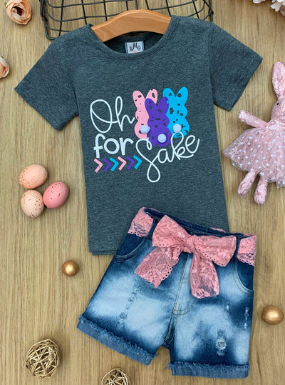 Girls Oh For Bunnies' Sake Top and Denim Short Set With Lace Sash - 2T to 10Y for toddlers and girls