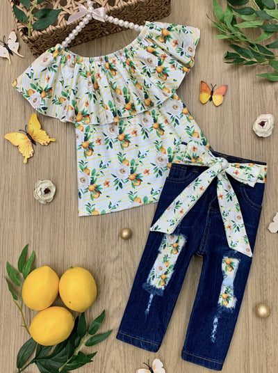 Toddler Spring Outfits | Girls Floral Ruffle Top & Patched Jeans Set 
