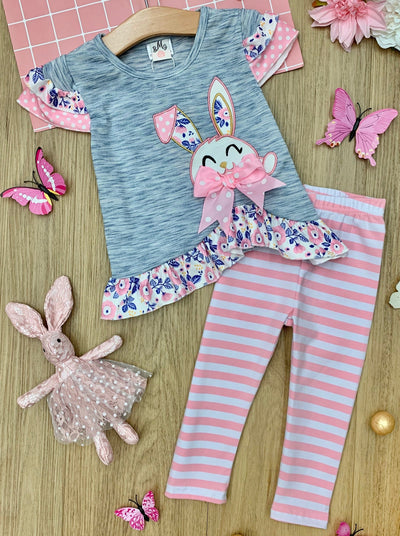 girls spring top with Bunny print and a floral ruffled hem and striped leggings 2T-10Y