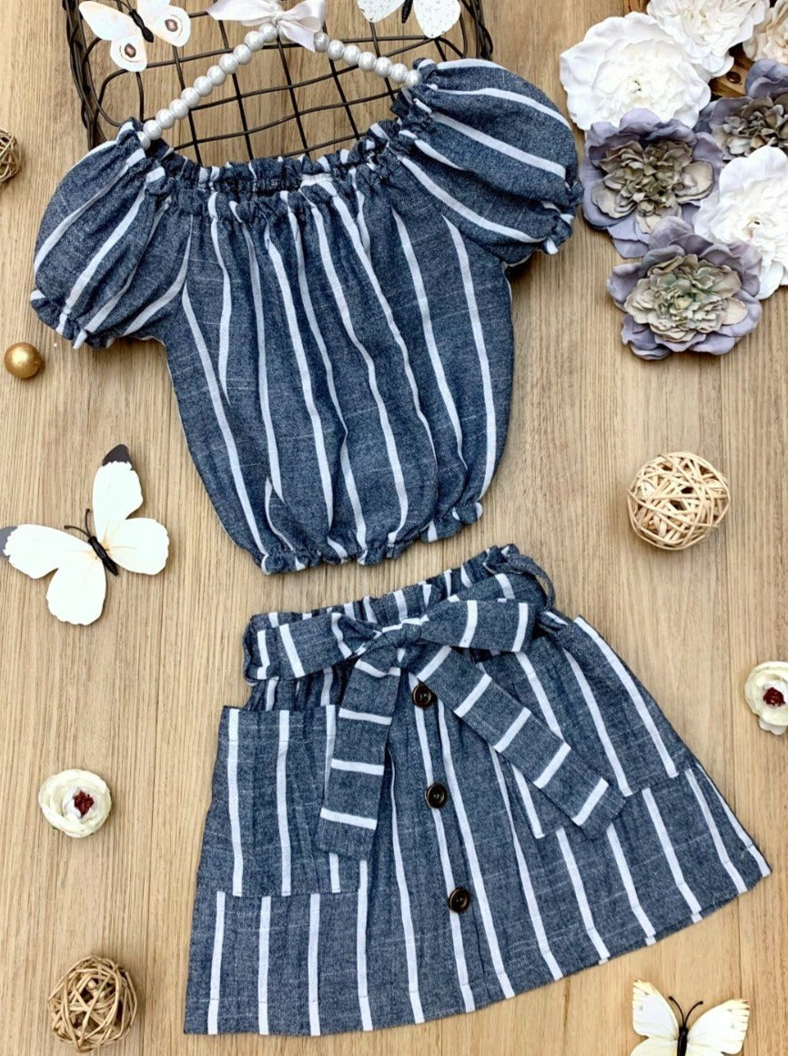 Toddler Spring Outfits | Girls Striped Puff Sleeve Top & Skirt Set