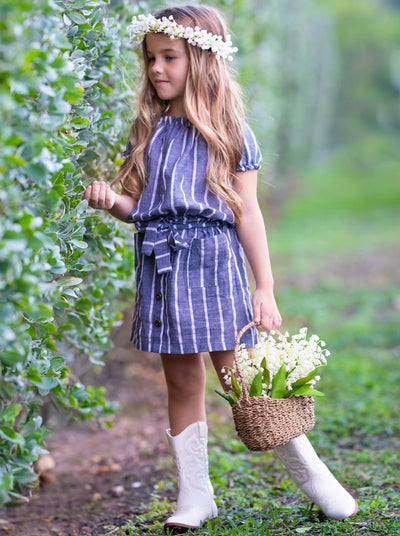 Toddler Spring Outfits | Girls Striped Puff Sleeve Top & Skirt Set