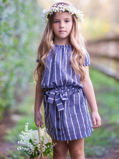 Toddler Spring Outfits | Girls Striped Puff Sleeve Top & Skirt Set