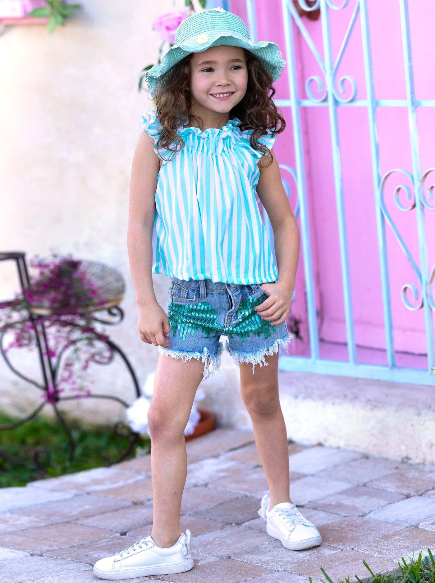 Toddler Spring Outfit | Girls Striped Top & Sequin Denim Short Set