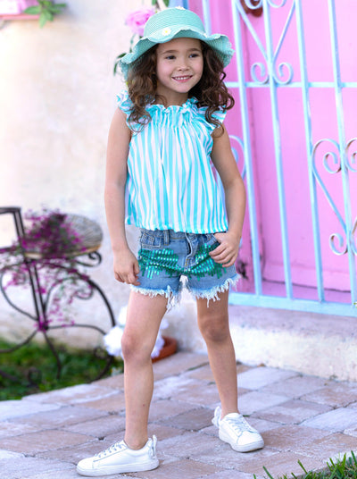 Toddler Spring Outfit | Girls Striped Top & Sequin Denim Short Set