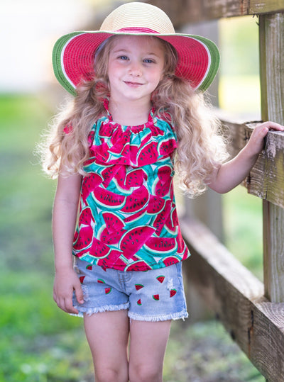 Girls Spring Outfits | Watermelon Ruffled Top & Denim Shorts Set