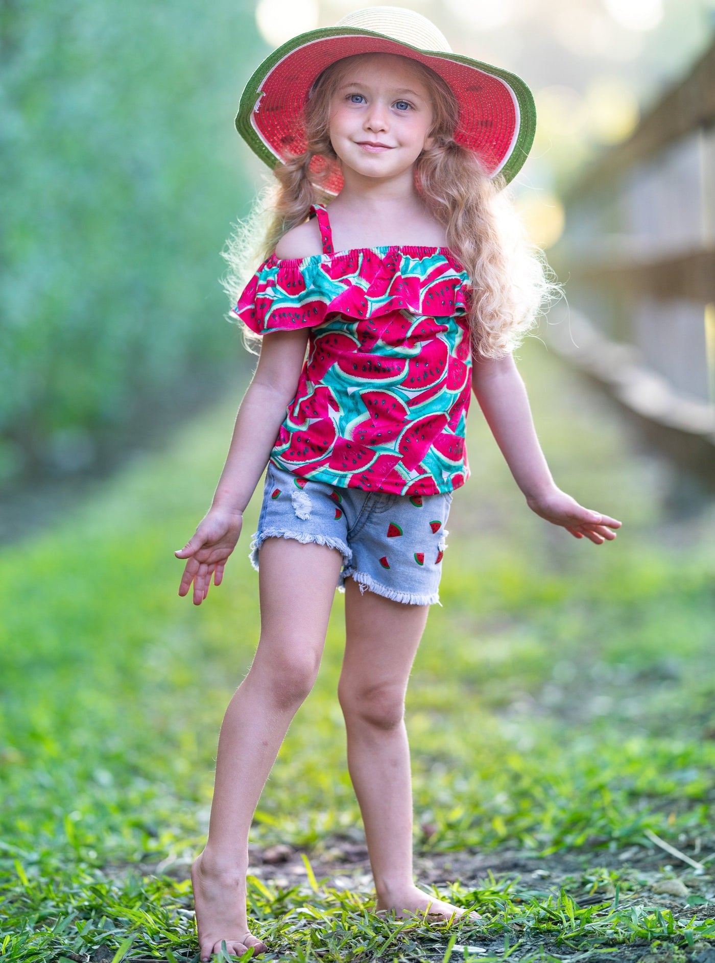 Girls Spring Outfits | Watermelon Ruffled Top & Denim Shorts Set