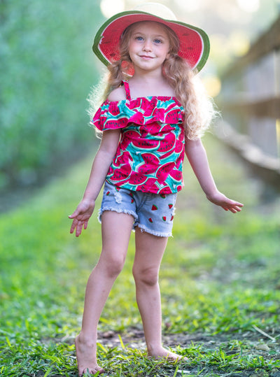 Girls Spring Outfits | Watermelon Ruffled Top & Denim Shorts Set