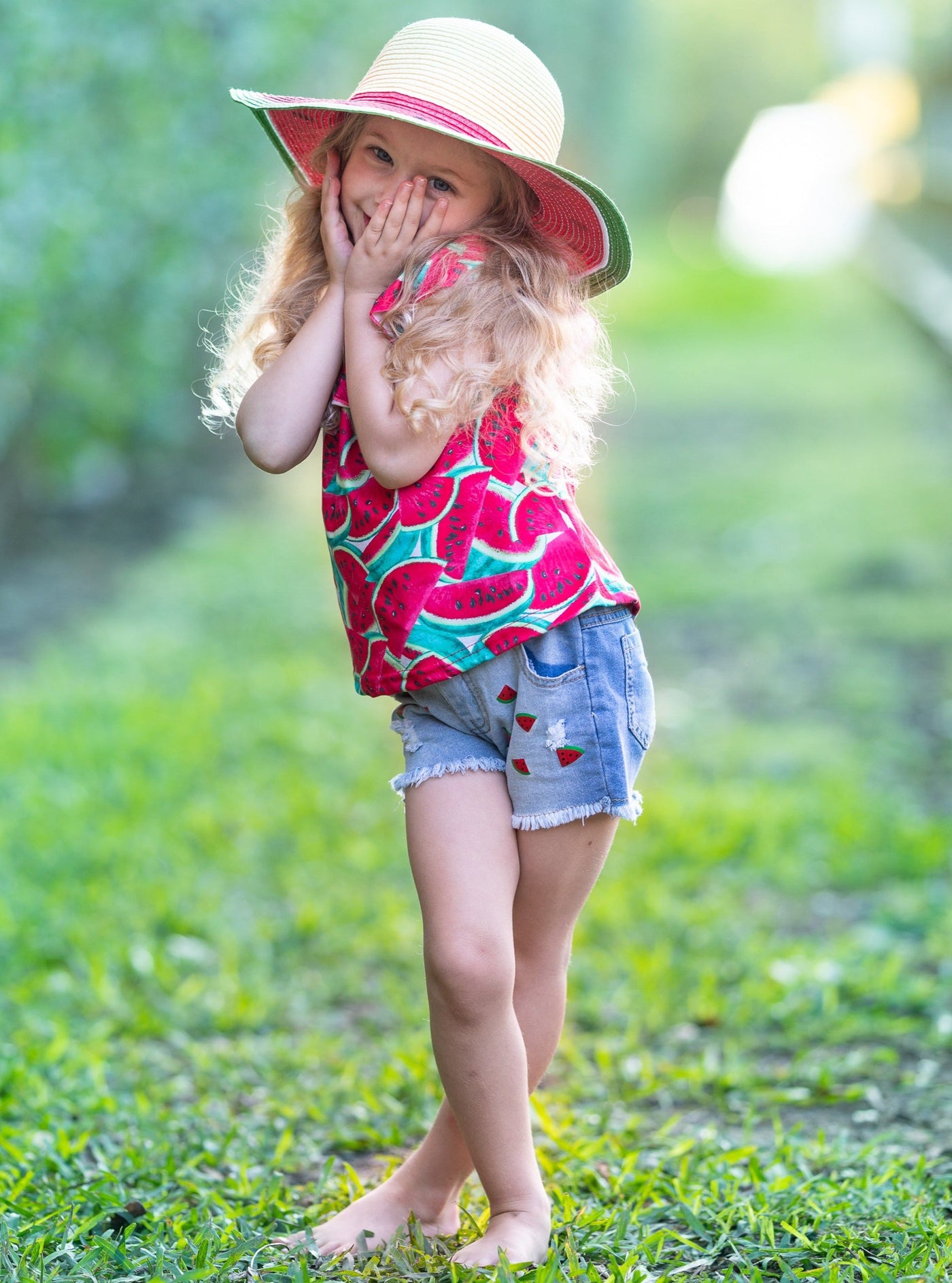 Girls Spring Outfits | Watermelon Ruffled Top & Denim Shorts Set