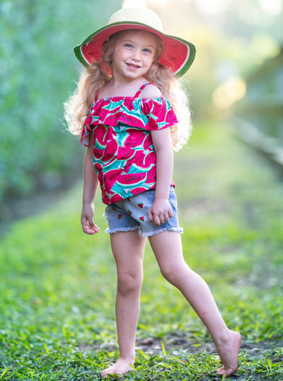 Girls Spring Outfits | Watermelon Ruffled Top & Denim Shorts Set