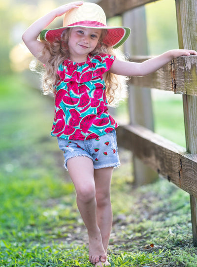 Girls Spring Outfits | Watermelon Ruffled Top & Denim Shorts Set