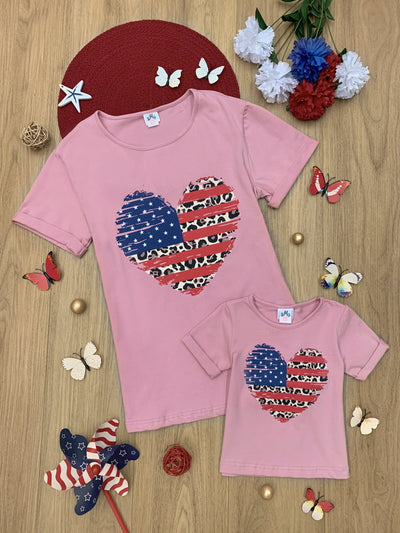 Mommy & Me 4th Of July Tops | US Flag Leopard Heart Matching T-Shirts