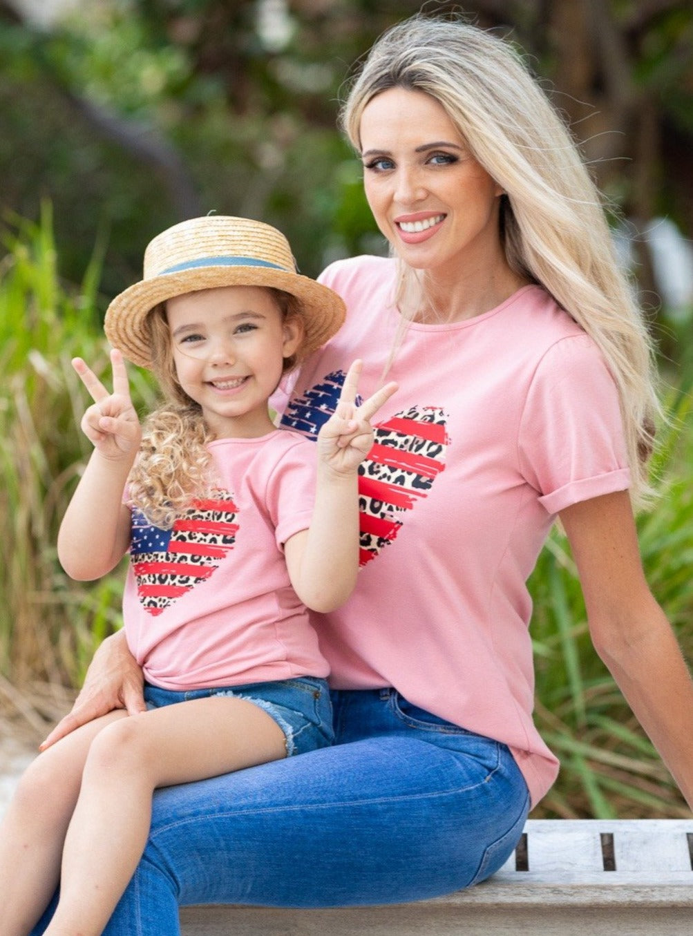 Mommy & Me 4th Of July Tops | US Flag Leopard Heart Matching T-Shirts