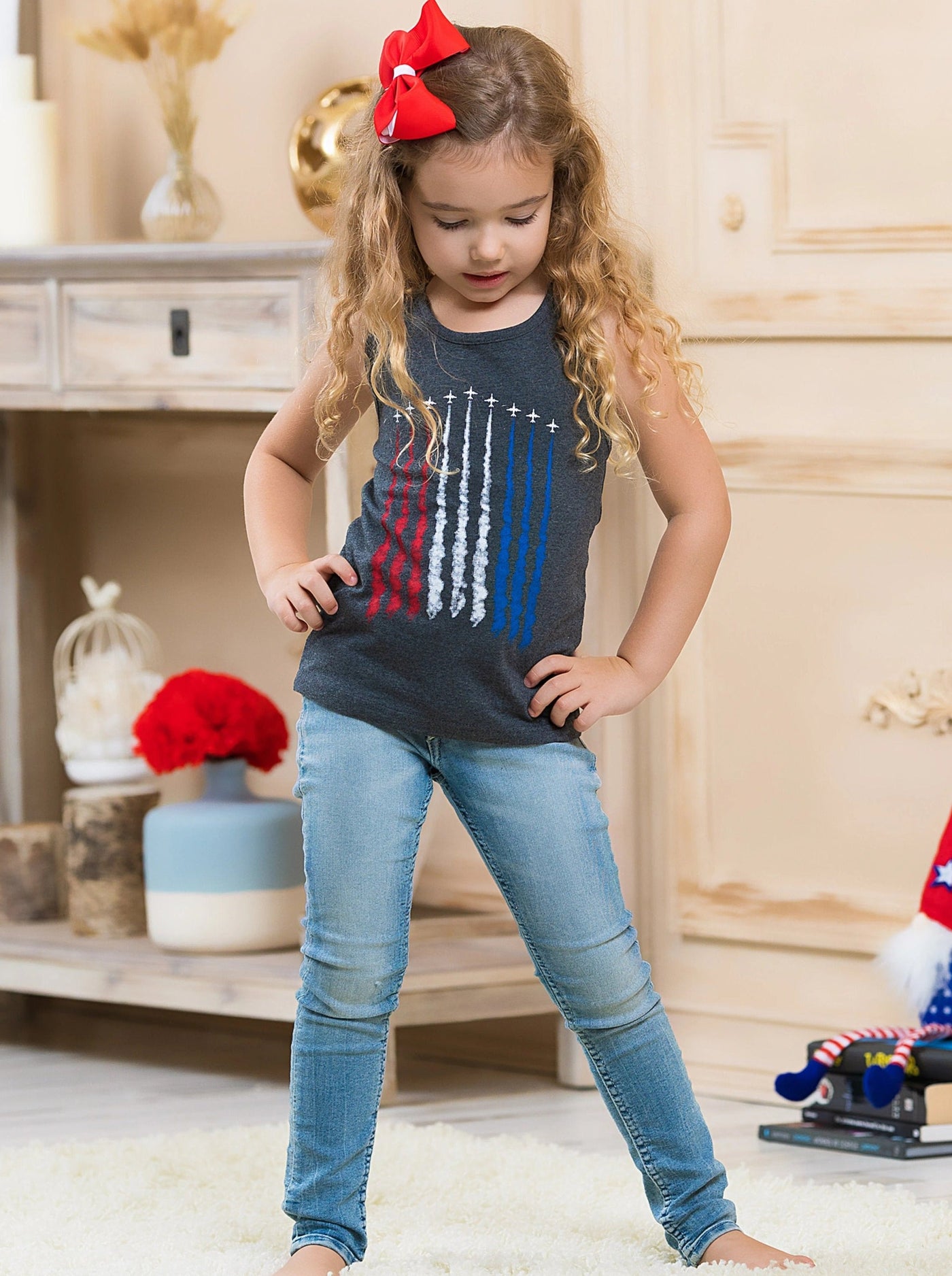 Mommy and Me grey tank top features a plane air show print with patriotic colors