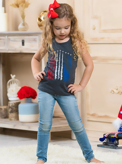 Mommy and Me grey tank top features a plane air show print with patriotic colors