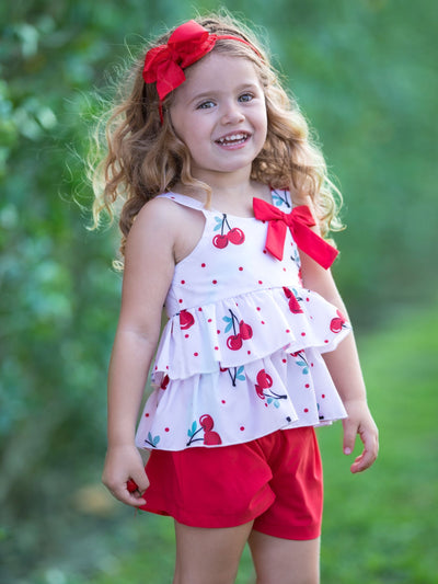Girls Cherry Ruffled Top With Cute Stretchy Shorts - Red / 2T - Girls Spring Casual Set