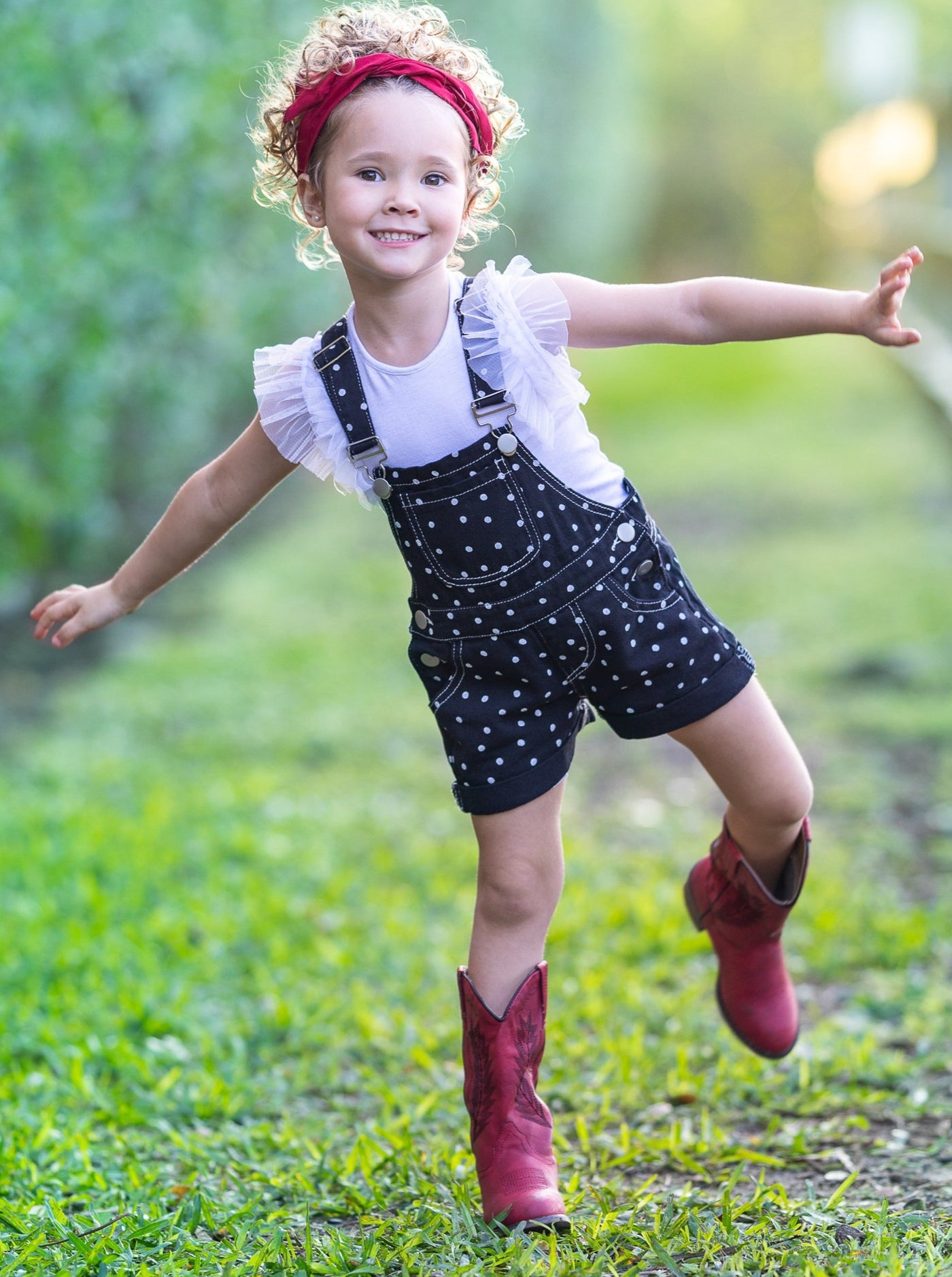 Cute Spring Toddler Outfit | Girls Polka Dot Cuffed Denim Overalls