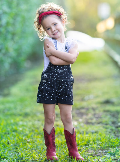 Cute Spring Toddler Outfit | Girls Polka Dot Cuffed Denim Overalls