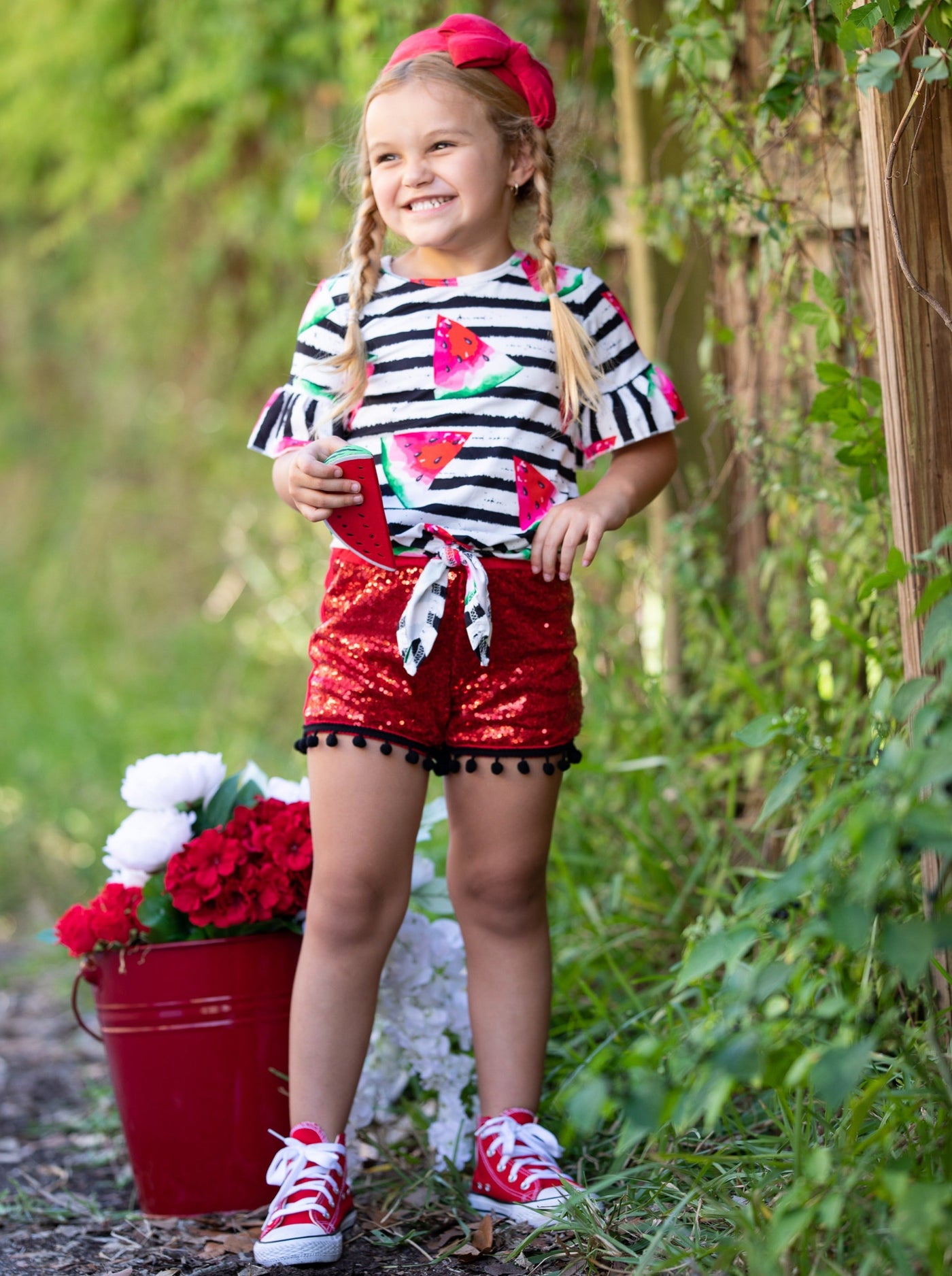 Spring Outfits | Girls Watermelon Striped Top & Sequin Shorts Set