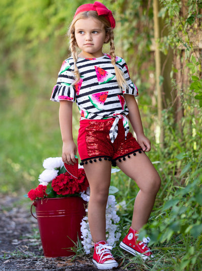 Spring Outfits | Girls Watermelon Striped Top & Sequin Shorts Set