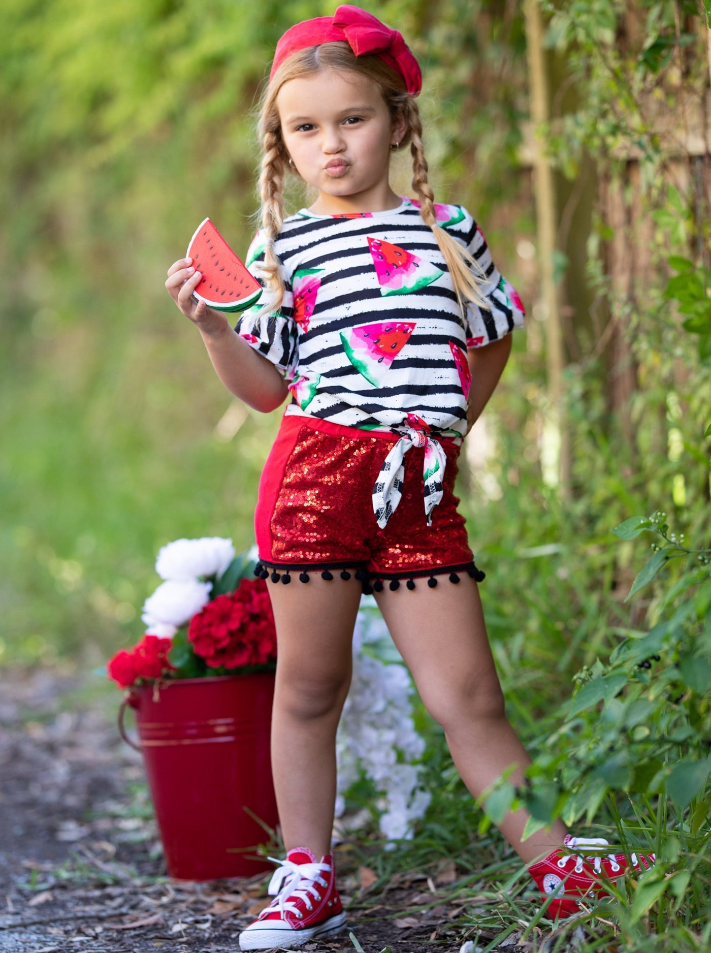 Spring Outfits | Girls Watermelon Striped Top & Sequin Shorts Set