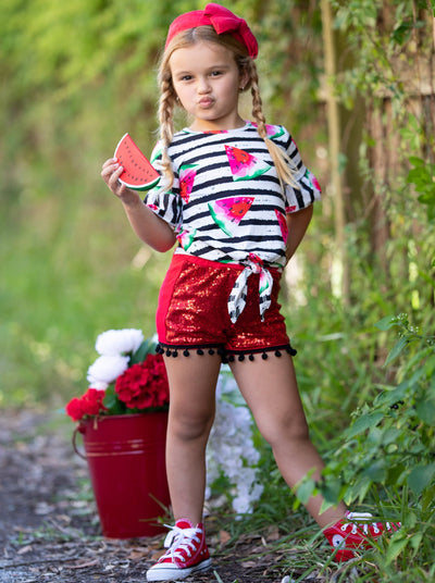 Spring Outfits | Girls Watermelon Striped Top & Sequin Shorts Set