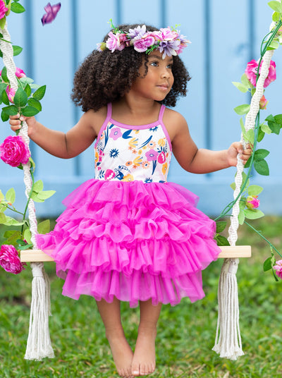 Girls Wild Flower Print Sleeveless Ruffle Tier Dress