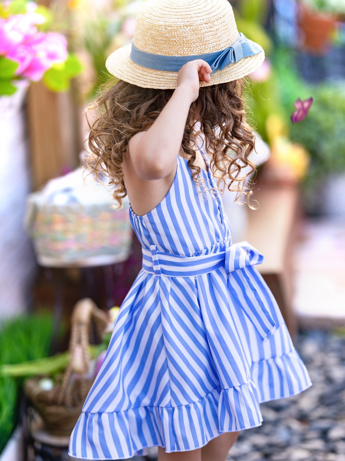 Toddler Spring Dresses | Girls Blue Stripe Sleeveless Ruffle Hem Dress