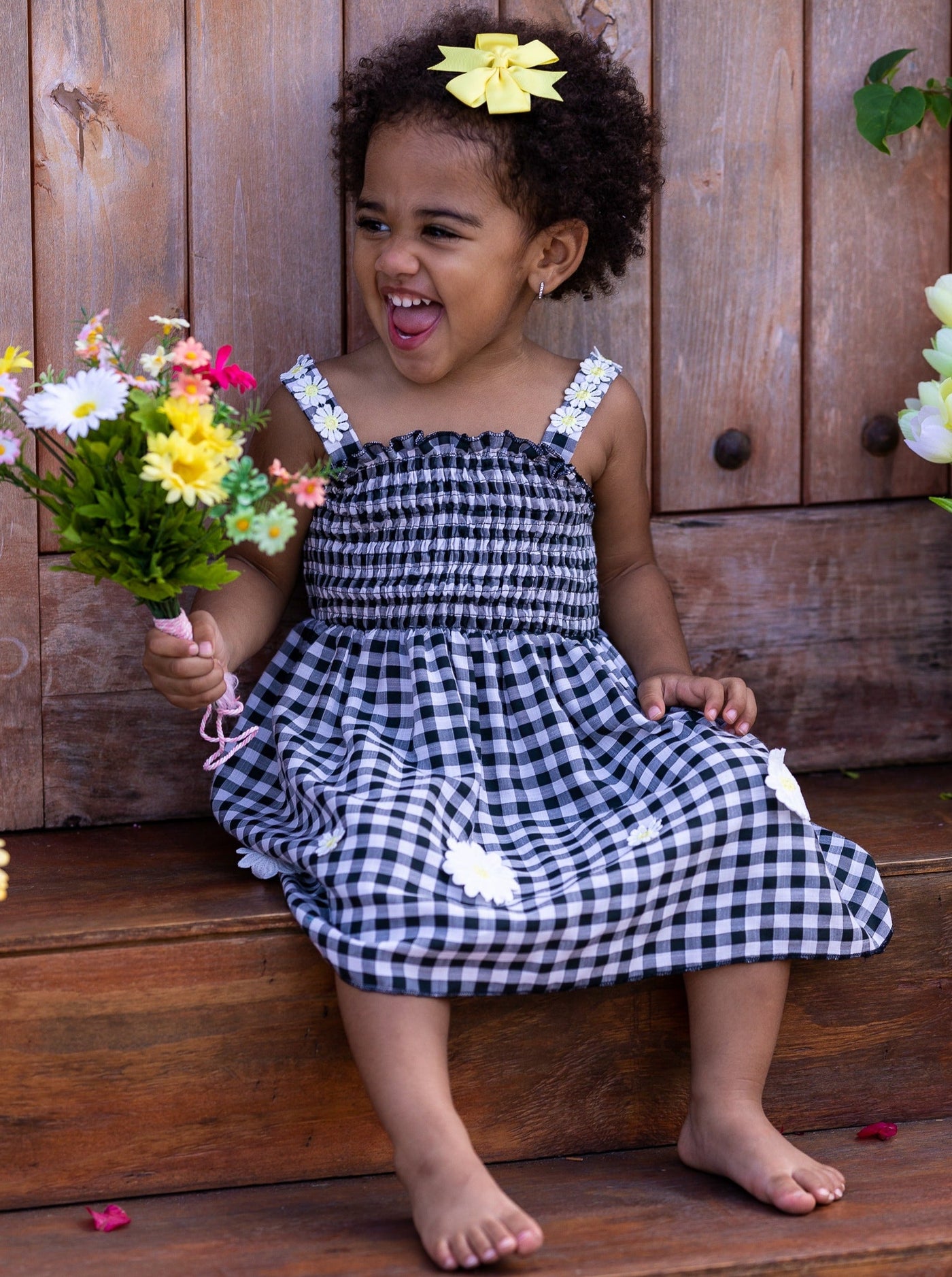 Girls "Lazy Daisy" Smocked Bodice Checkered Dress - Mia Belle Girls