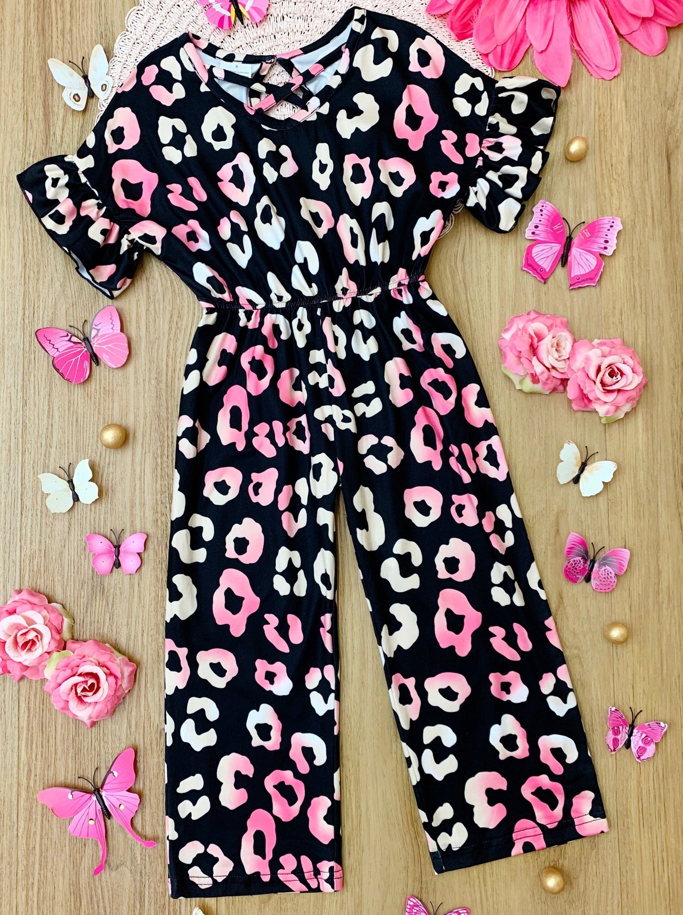 Kids Spring Fashion Sale | Girls Leopard Print Short Sleeve Jumpsuit