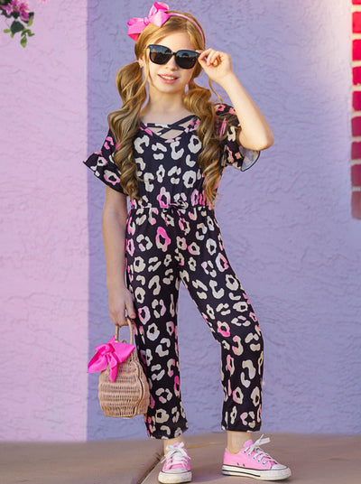 Kids Spring Fashion Sale | Girls Leopard Print Short Sleeve Jumpsuit