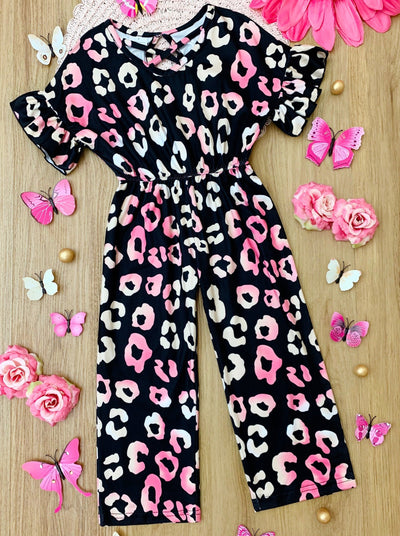 Kids Spring Fashion Sale | Girls Leopard Print Short Sleeve Jumpsuit