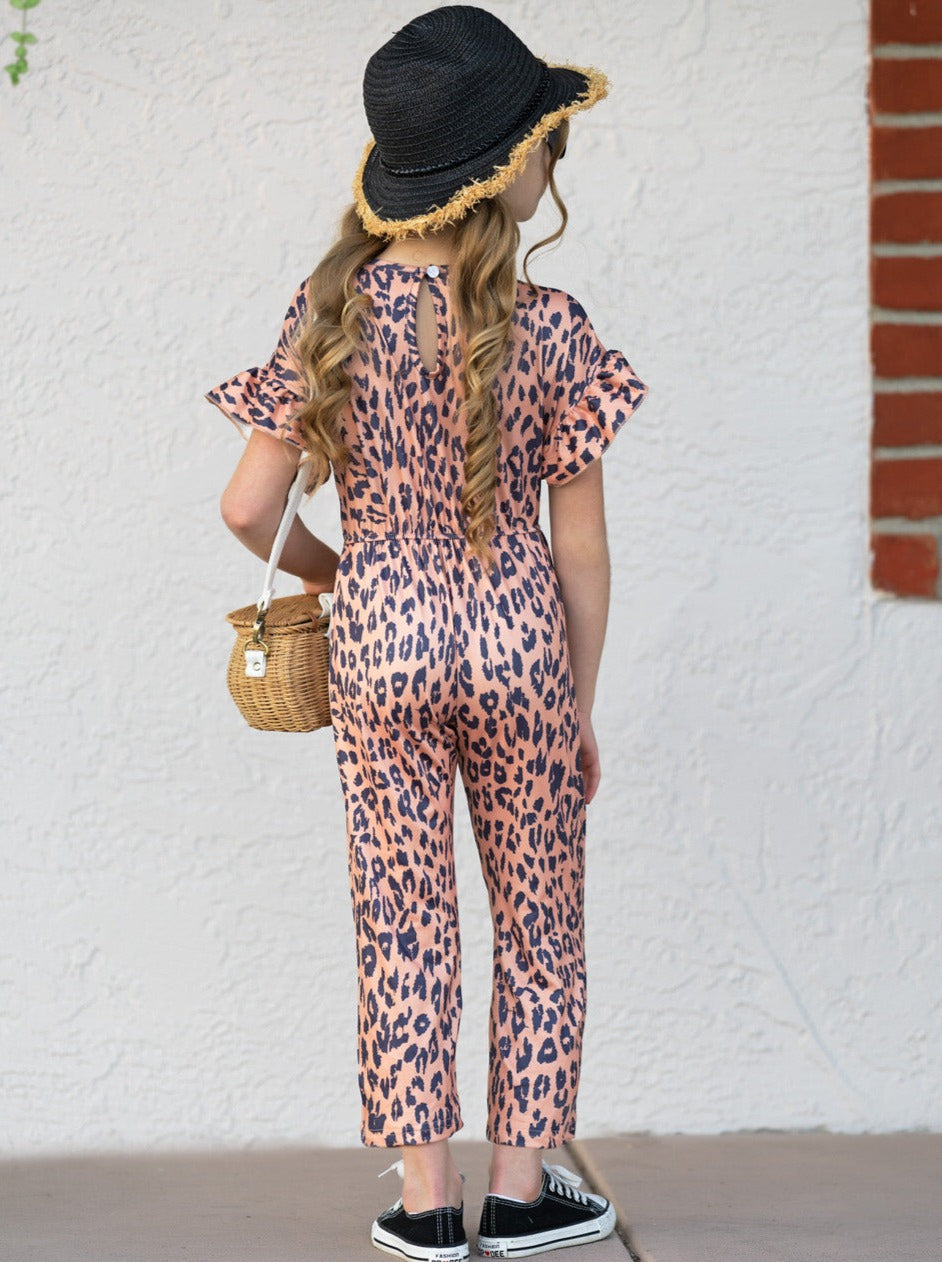 Cute Toddler Outfit | Girls Spring Leopard Ruffle Sleeve Jumpsuit