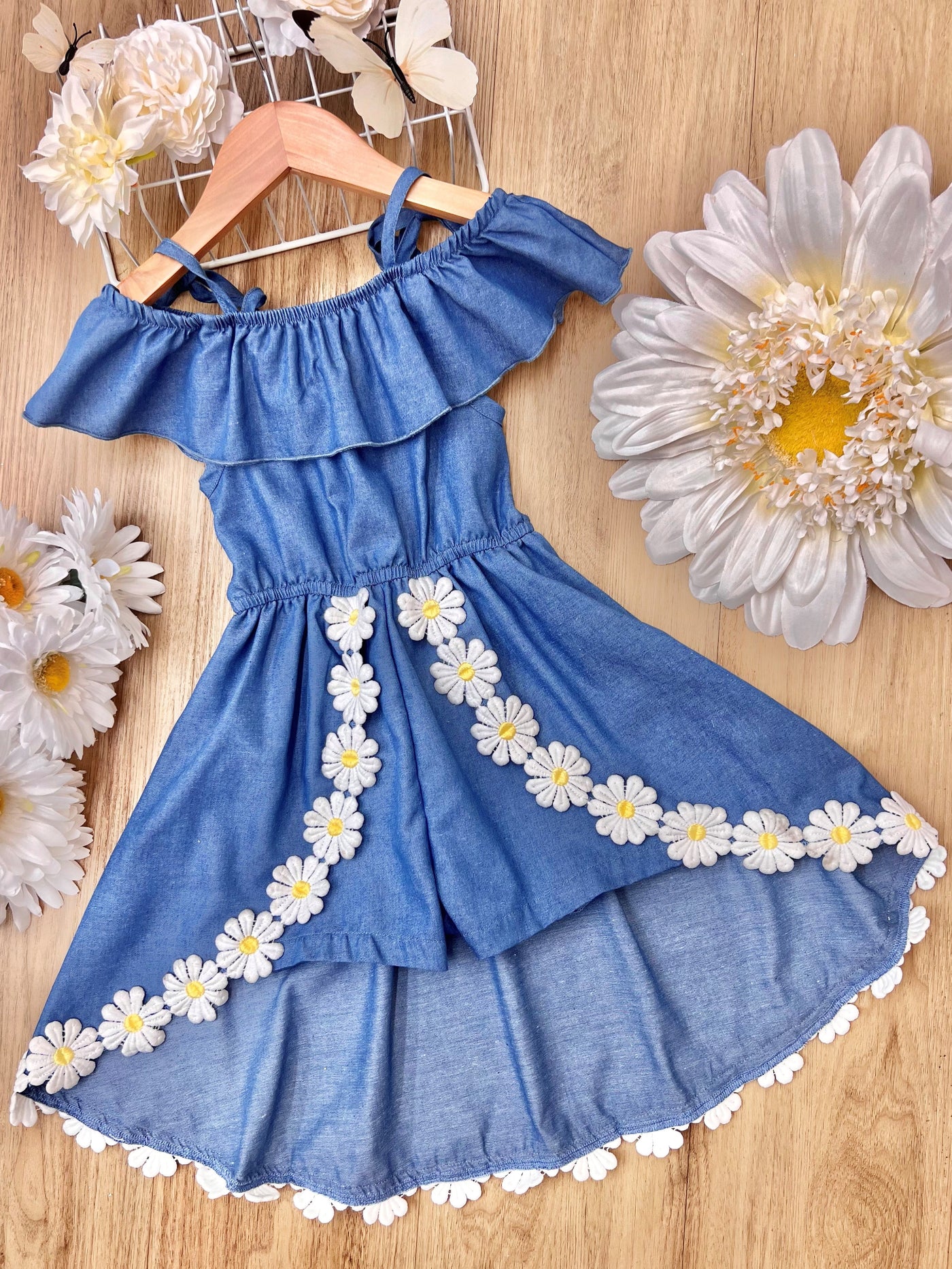 Girls Spring Outfits | Toddler Daisy Sleeveless Chambray Romper Dress