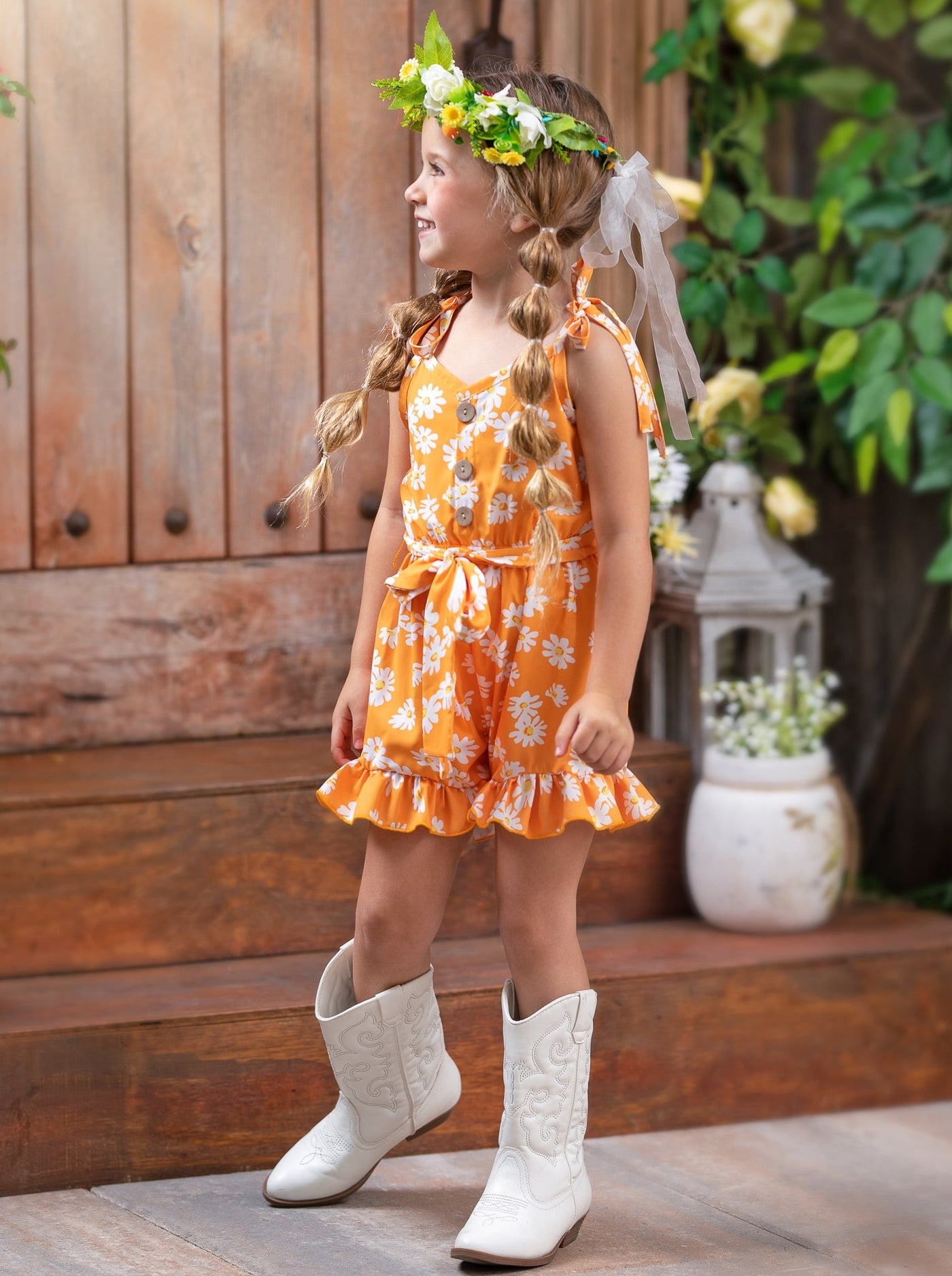 Cute Toddler Outfit | Little Girls Spring Floral Belted Ruffle Romper