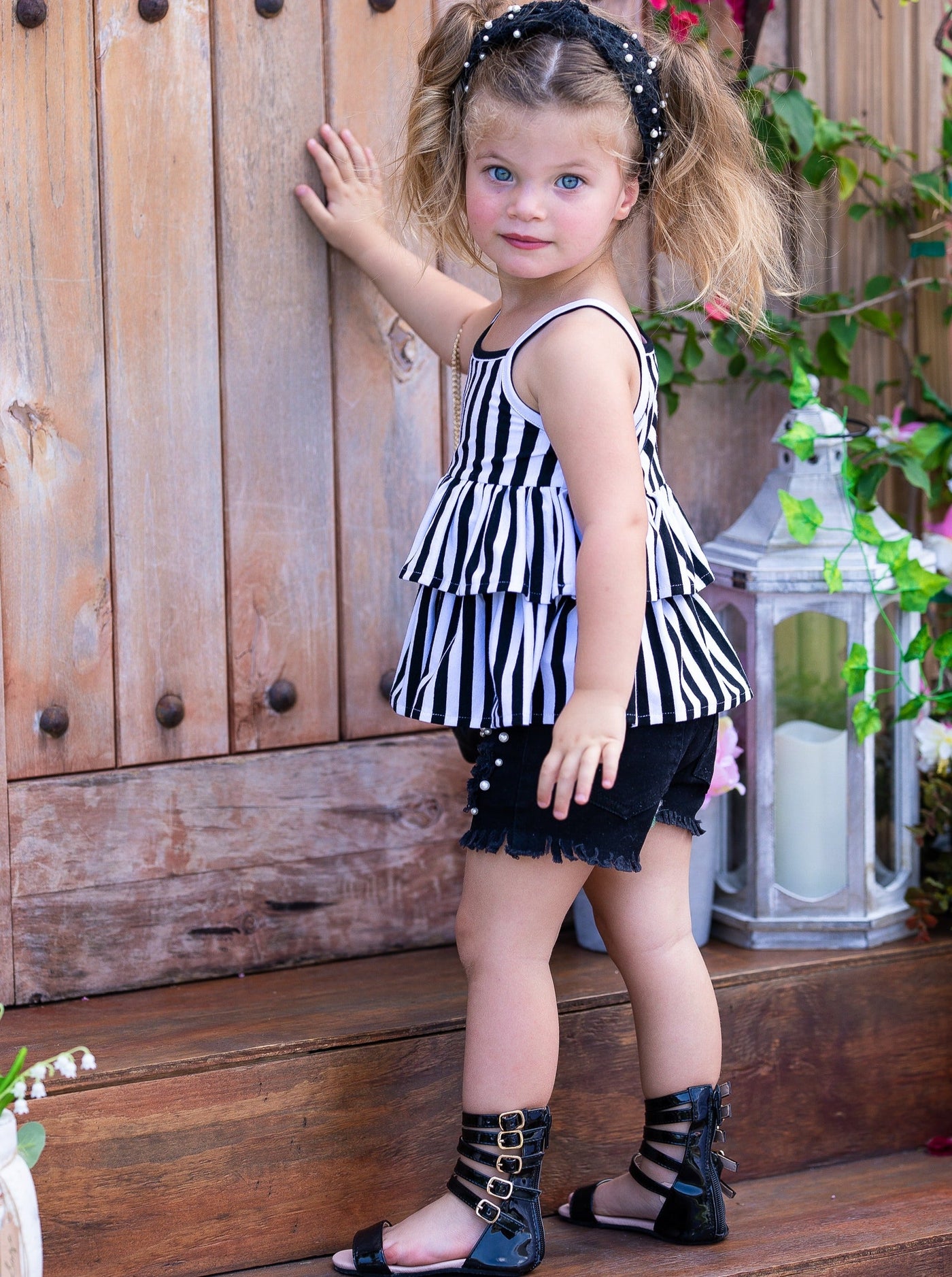 Kids Spring Clothes | Girls Stripe Ruffle Top & Pearl Denim Shorts Set