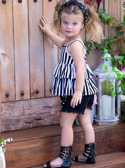 Kids Spring Clothes | Girls Stripe Ruffle Top & Pearl Denim Shorts Set