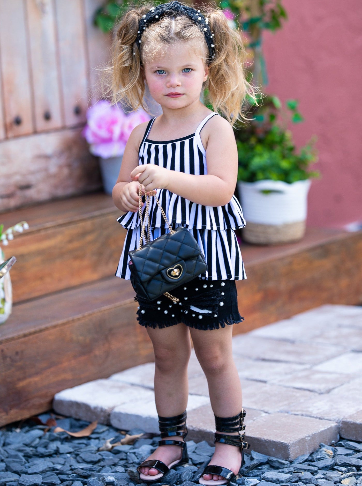 Kids Spring Clothes | Girls Stripe Ruffle Top & Pearl Denim Shorts Set