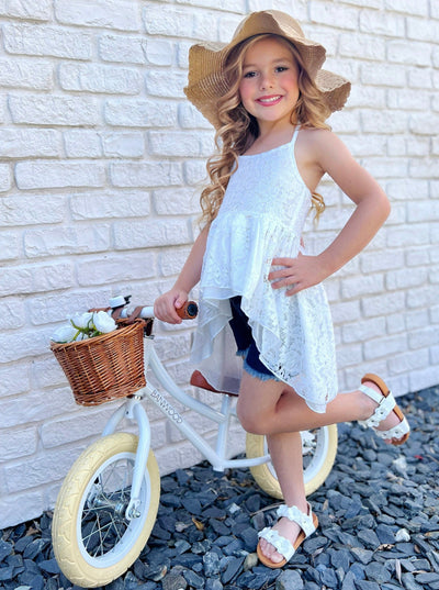 Girls Spring Outfits | Hi-Lo Lace Tank Top & Fringed Denim Shorts Set
