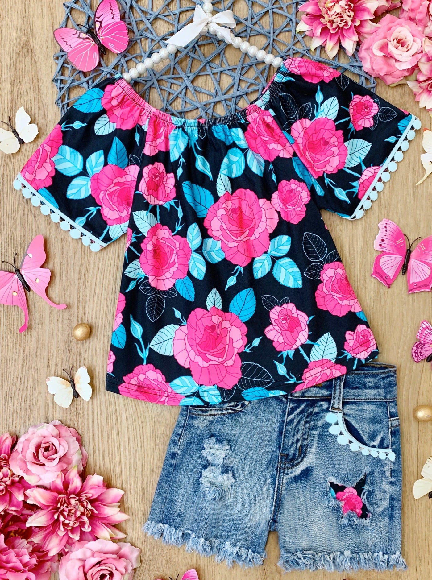 Girls Spring Outfits | Floral Pom-Pom Top & Patched Denim Shorts Set