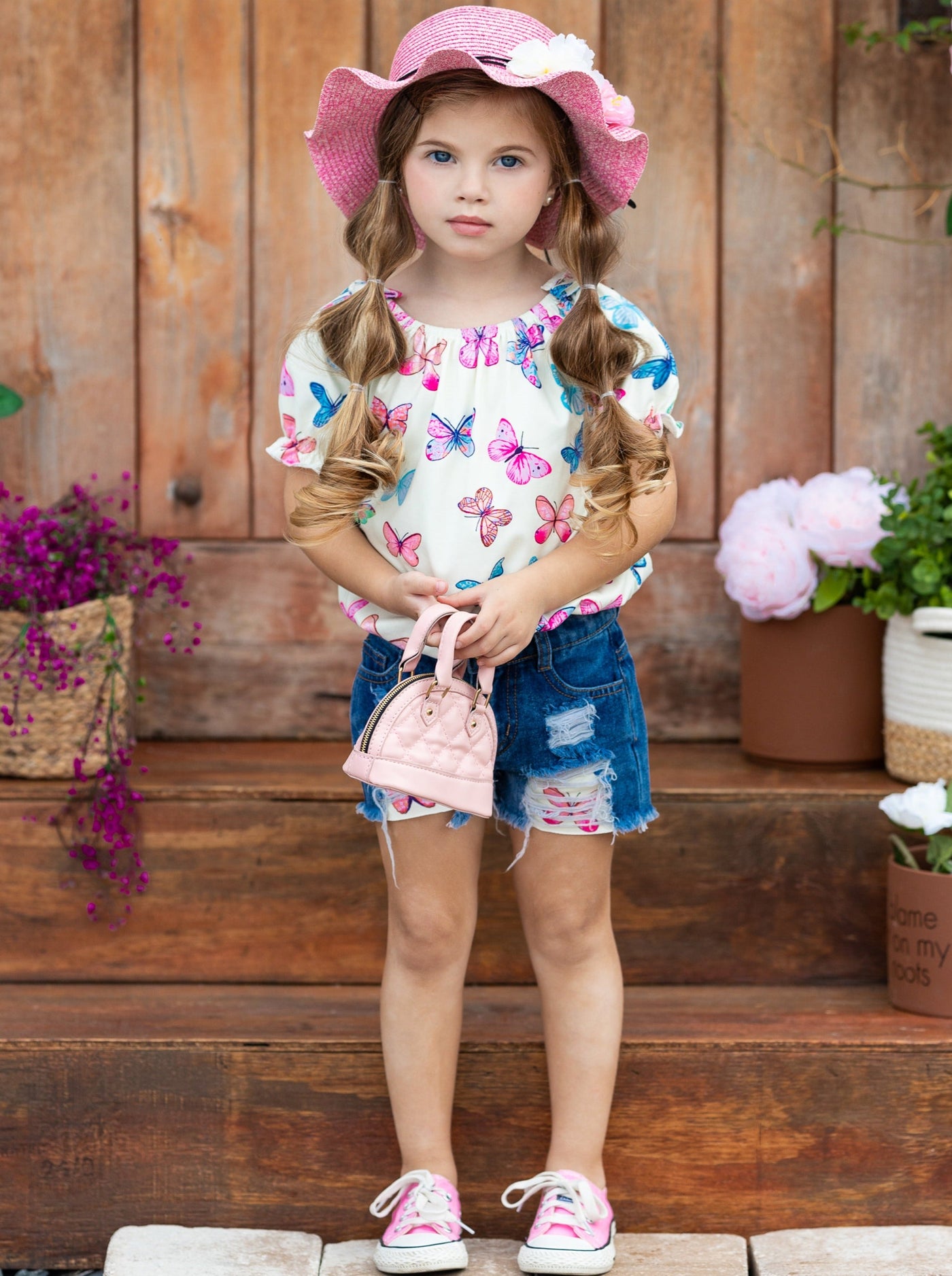 Girls Spring Outfits | Butterfly Top & Patched Denim Shorts Set