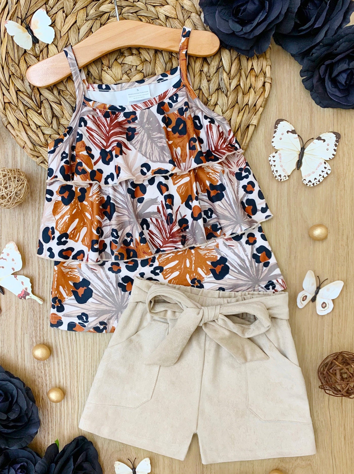Girls Safari Ruffled Tank Top and Shorts Set