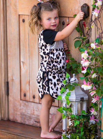 Girls Spring Outfits | Leopard Sequin Colorblock Jogger Shorts Set