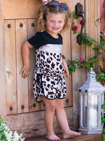 Girls Spring Outfits | Leopard Sequin Colorblock Jogger Shorts Set