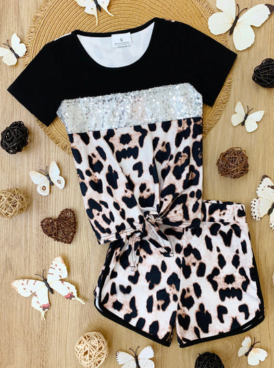 Girls Spring Outfits | Leopard Sequin Colorblock Jogger Shorts Set